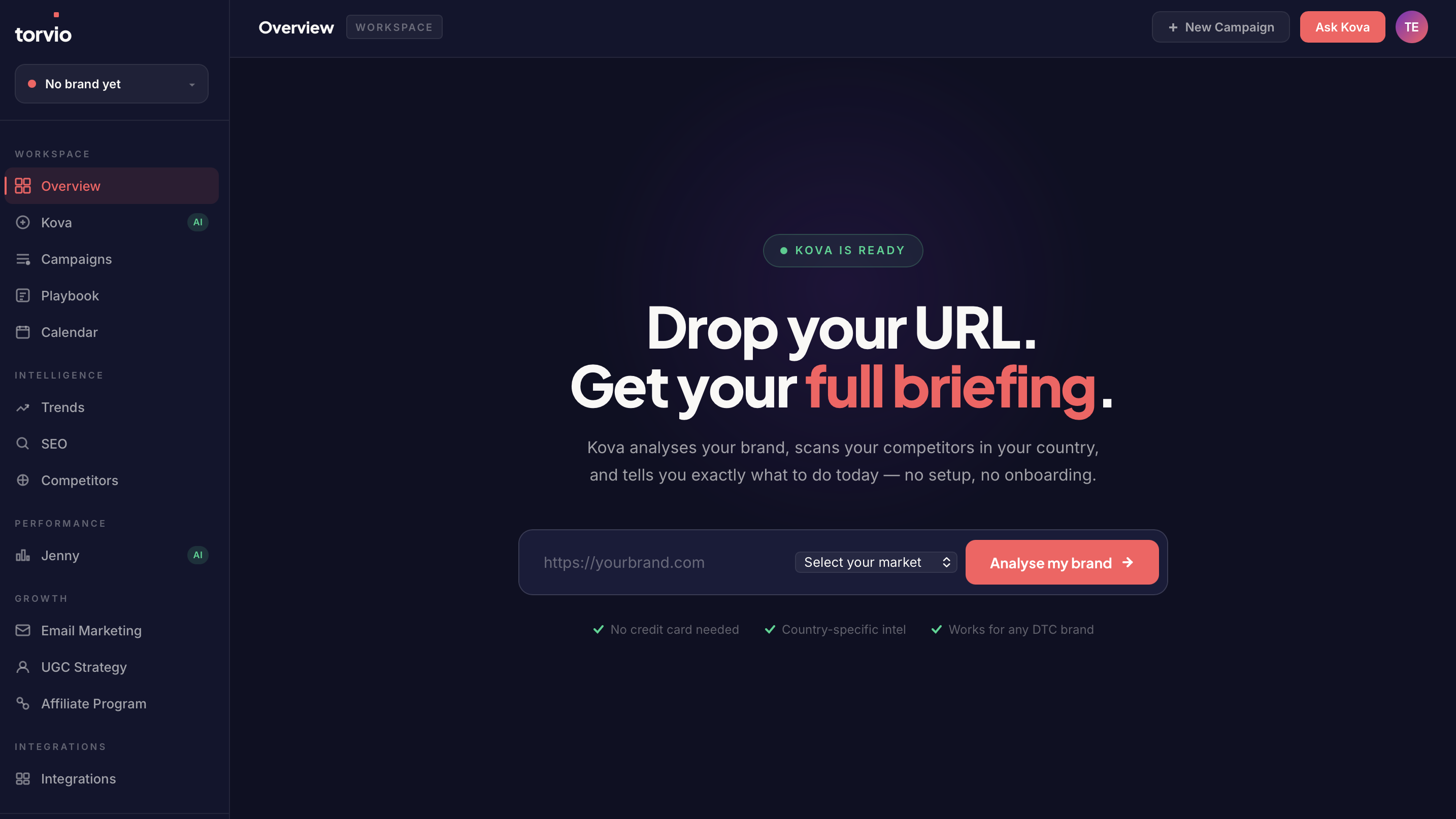 Torvio's onboarding screen: 'Drop your URL. Get your full briefing.' with brand URL input, market selector, and Analyse my brand button.