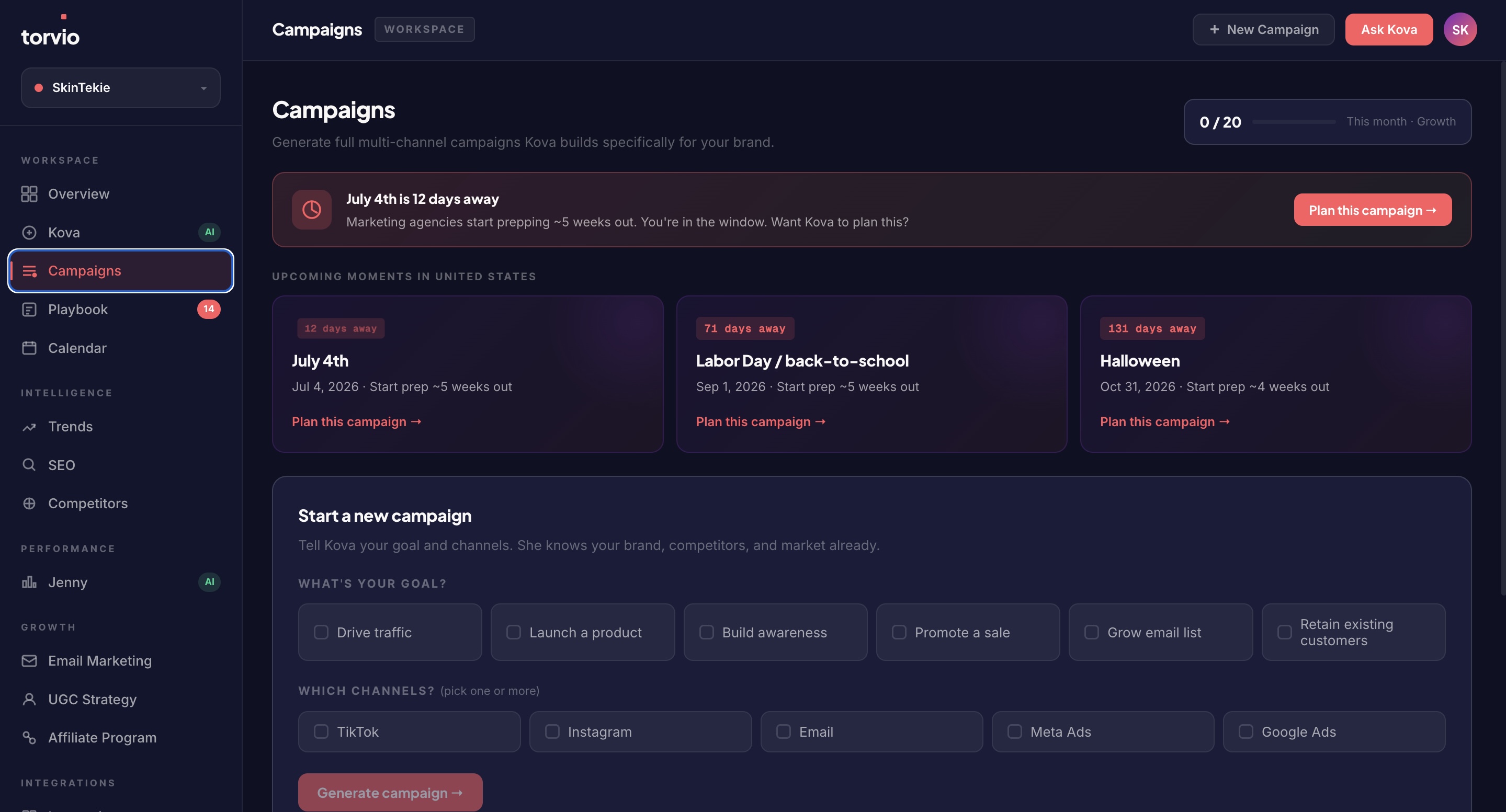 Torvio Campaigns dashboard showing 'Upcoming moments in United States' with countdown cards for July 4th (12 days away), Labor Day (71 days away), and Halloween (131 days away), each with 'Plan this campaign' CTAs.