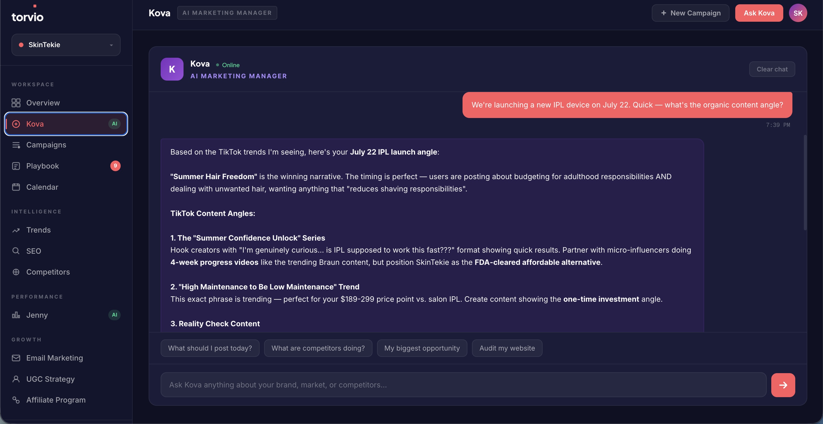 Torvio Kova chat showing a founder asking 'We are launching a new IPL device on July 22. Quick — what is the organic content angle?' and Kova responding with detailed TikTok content angles including 'Summer Hair Freedom' narrative, '4-week progress videos', and 'Reality Check Content' strategies specific to the IPL category.
